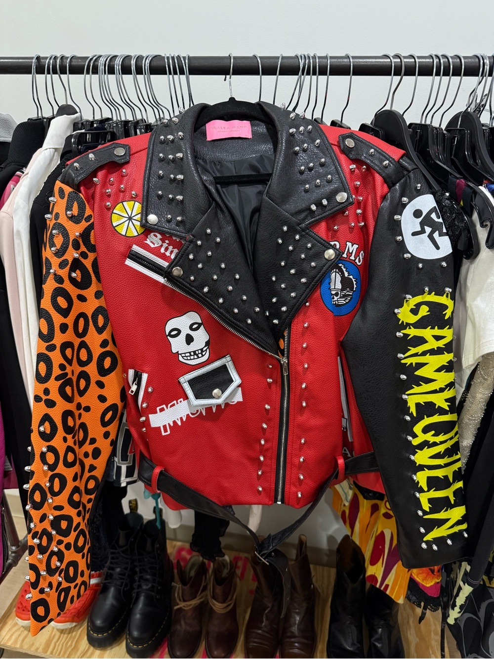 Azalea Wang Studded Red & Black Patchwork Kids Jacket